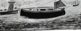 Fishing Boat in Harbour, with Red Sail Mast Steeped