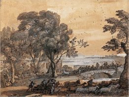 Coast scene with a battle on a bridge