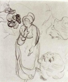 Study of a Woman Standing, Two Heads, Another Figure