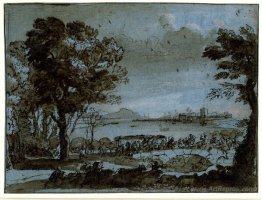 Coast scene with a battle on a bridge