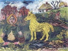 Woman with wooden bucket and yellow horse