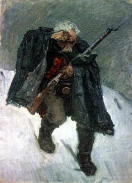 Old soldier descending from the snowy mountain