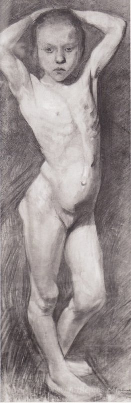 Nude Girl Standing, arms folded behind his head