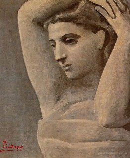 Bust of a woman, arms raised