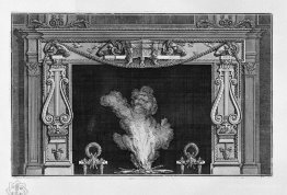 Fireplace with two large lire on the sides, and four rams` heads