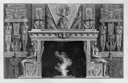 Fireplace Egyptian style, the sides two seated figures in profil