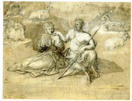 Drawing of a satyr, a girl and goats