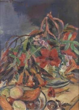 Still life with hibiscus, angel's trumpets and fruits