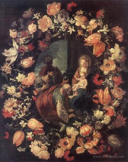 Adoration of the Magi in a flower garland