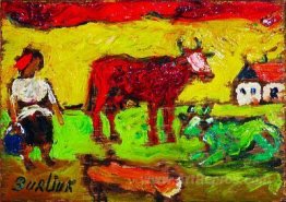 Peasant woman with red and green cows