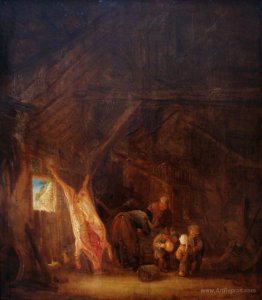 A Barn Interior with a Slaughtered Pig, Children Playing Beyond