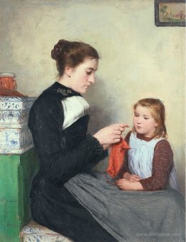 Knitting Bernese woman with child