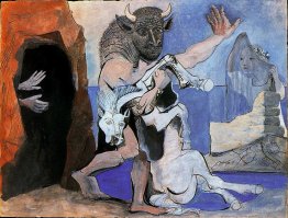 Minotaur with dead horse in front of a cave facing a girl in vei