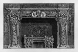 Fireplace: stage three masks in the frieze between two medallion