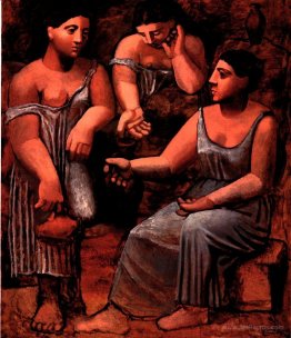 Three women at a fountain