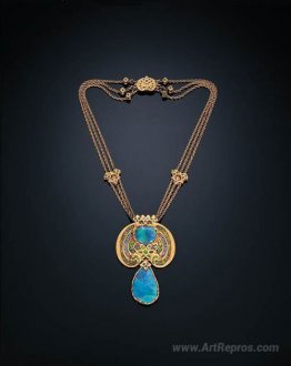 Necklace. Black opals, demantoid garnet, sapphire, enamel, gold