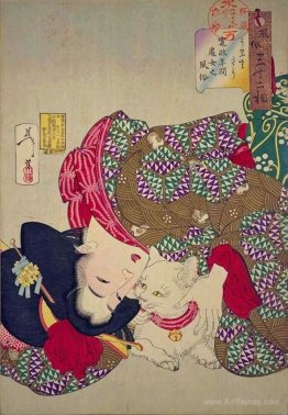 A young woman from Kansei period playing with her cat