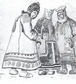 The scene with three figures in costumes