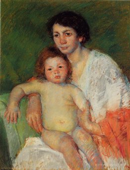 Nude Baby on Mother`s Lap Resting Her arm on the Back of the Cha