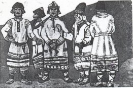 The scene with five figures in costumes