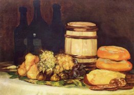 Still life with fruit, bottles, breads