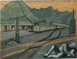 Composition with train and figure