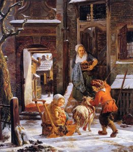 Winter city view with children