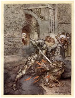 Lancelot fights against a dragon at the Castle of Corbin