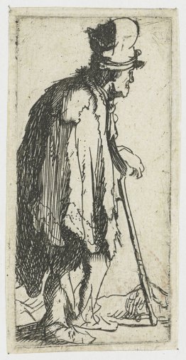 Beggar with a crippled hand leaning on a stick