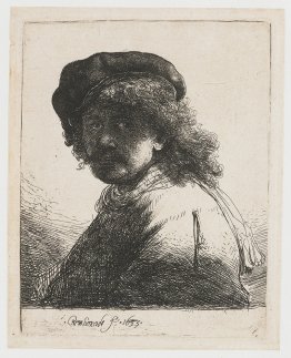 Self-portrait in a cap and scarf with the face dark bust