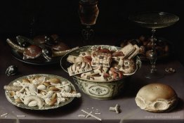 Three Dishes of Sweetmeats and Chestnuts with Three Glasses on a