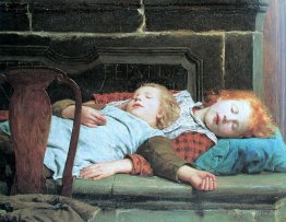 Two sleeping girls on the stove bench