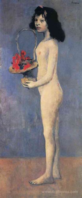 Young naked girl with flower basket