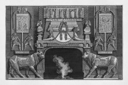 Fireplace in egyptian-style, on each side of a sacred cow in pro