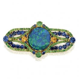 Karat Gold, Platinum, Opal, Sapphire, and Garnet Brooch