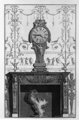 Fireplace: In a garland frieze between two eagles above the plan