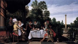 Merry company banqueting on a terrace