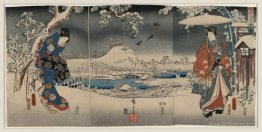 Snowy landscape with a woman brandishing a broom and a man holdi