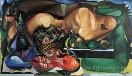 Woman Lying with Fish and Fruit