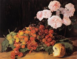 Still life with roses, strawberries, and bread