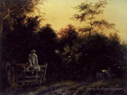 Landscape with a Track and a Man Sitting on a Gate