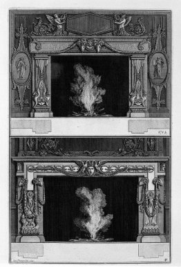 Two fireplaces overlapping: the inf with Medusa heads between tw