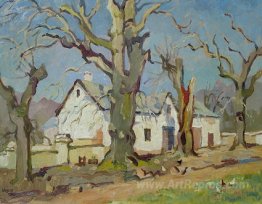 Farmhouse with bare oaks