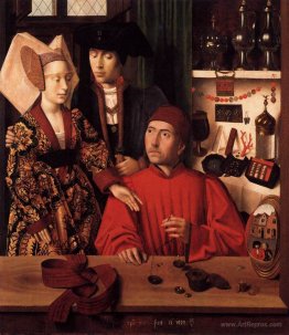 St. Eligius as a goldsmith showing a ring to the engaged couple