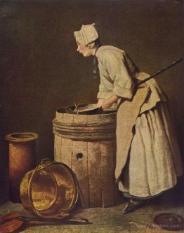 Woman scrubbing dishes