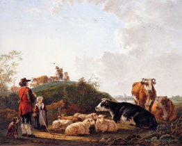 Herdsman with resting cattle