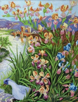 BLUE TUFTED BIRD AND BEARDED IRISES