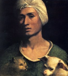 Portrait of a young man with a dog and a cat