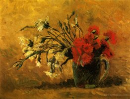 Vase with Red and White Carnations on a Yellow Background