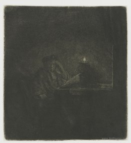 Student at a table by candlelight